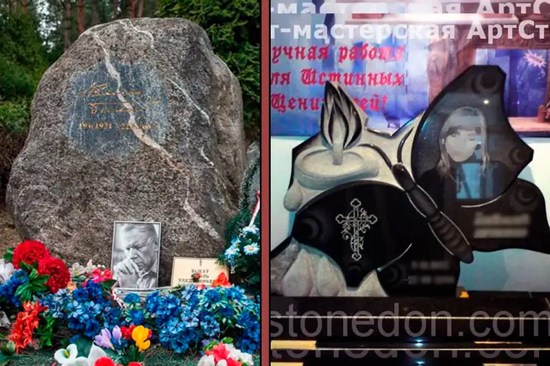 Слева памятник Василю Быкову: большой серый валун с золотой подписью писателя; справа памятник в форме бабочки на фоне свечи с крестом на крыле